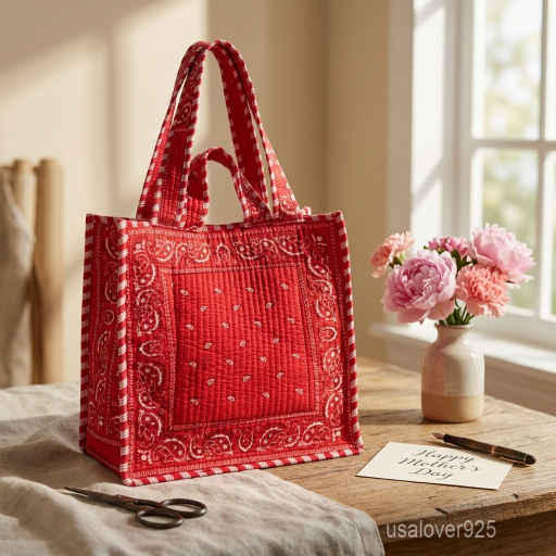 Red Bandana Quilted Tote Bag with double handle shoulder straps showing the classic white paisley print on a vibrant red background.