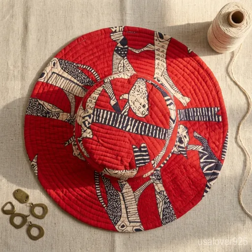 Close-up of authentic red botanical hand block print on a quilted cotton bucket hat.