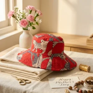 Reversible side of the Red Block Print Quilted Cotton Bucket Hat showing solid color style.