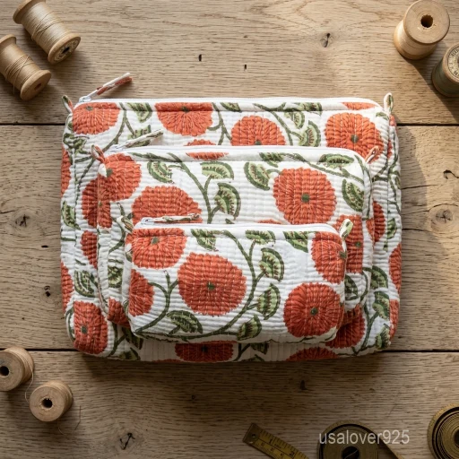 A three-piece nesting set of Red Block Print Quilted Cotton Toiletry Bags neatly arranged on a clean vanity counter showing the large, medium, and small size profiles.