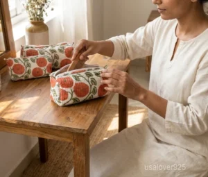 Set of 3 Red Block Print Quilted Cotton Toiletry Bags nesting set showing the traditional crimson artisan design and secure zipper lines with accent beads and tassels.
