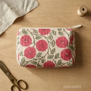 A three-piece nesting set of Red Floral Quilted Cotton Toiletry Bags neatly arranged on a clean vanity counter showing the large, medium, and small size profiles.