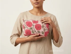 Close-up of the handcrafted red floral print detailing, dense vertical quilted stitching rows, waterproof internal plastic lining, and built-in inside slots on an Indian cotton cosmetic caddy pouch.