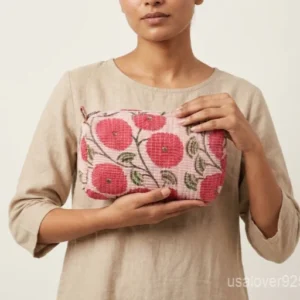 Close-up of the handcrafted red floral print detailing, dense vertical quilted stitching rows, waterproof internal plastic lining, and built-in inside slots on an Indian cotton cosmetic caddy pouch.