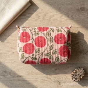 Set of 3 Red Floral Quilted Cotton Toiletry Bags nesting set showing the traditional crimson artisan design and secure zipper fastenings.