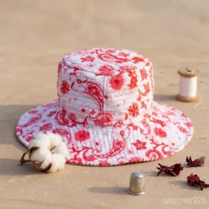 Close-up of authentic hand block print on a Red Flower Quilted Cotton Bucket Hat.
