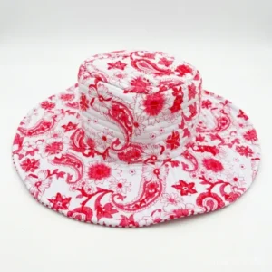 Red Flower Quilted Cotton Bucket Hat handmade in Jaipur for boho summer fashion.