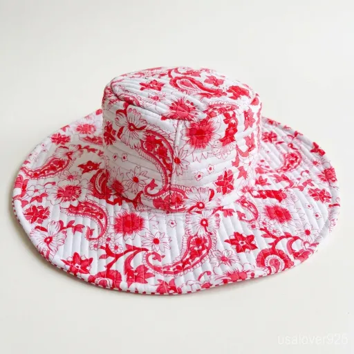 Red Flower Quilted Cotton Bucket Hat handmade in Jaipur for boho summer fashion.