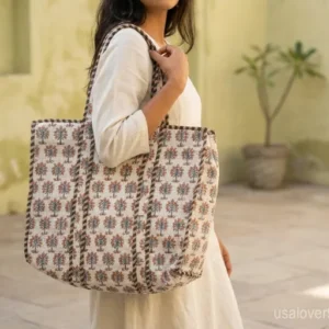 Red Grey Floral XL Quilted Cotton Tote Bag with comfortable handles featuring an ethnic over-sized layout.