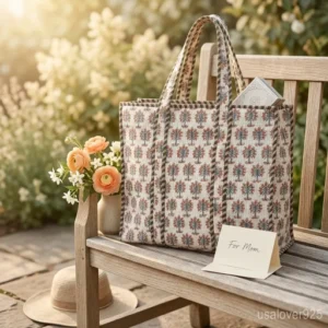 Red Grey Floral XL Quilted Cotton Tote Bag with comfortable handles featuring an ethnic over-sized layout.