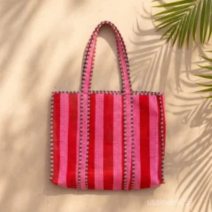 A person carrying a large Red Rajasthani Block Print Quilted Cotton Tote Bag comfortably over their shoulder during an outdoor weekend trip.