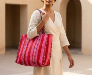 Red Rajasthani Block Print Quilted Cotton Tote Bag with large shoulder handles showing the vibrant traditional artisan design.