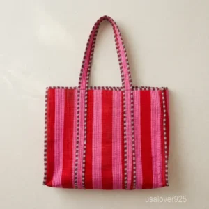 Red Rajasthani Block Print Quilted Cotton Tote Bag with large shoulder handles showing the vibrant traditional artisan design.