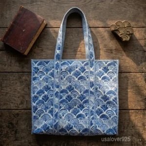 A person carrying a large Blue Floral Quilted Cotton Tote Bag comfortably over their shoulder during an outdoor weekend vacation travel trip.
