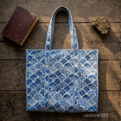 A person carrying a large Blue Floral Quilted Cotton Tote Bag comfortably over their shoulder during an outdoor weekend vacation travel trip.