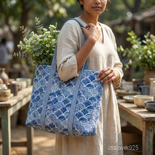 Blue Floral Quilted Cotton Tote Bag with large shoulder handles showing the traditional artisan botanical print design.