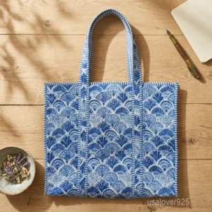 Blue Floral Quilted Cotton Tote Bag with large shoulder handles showing the traditional artisan botanical print design.