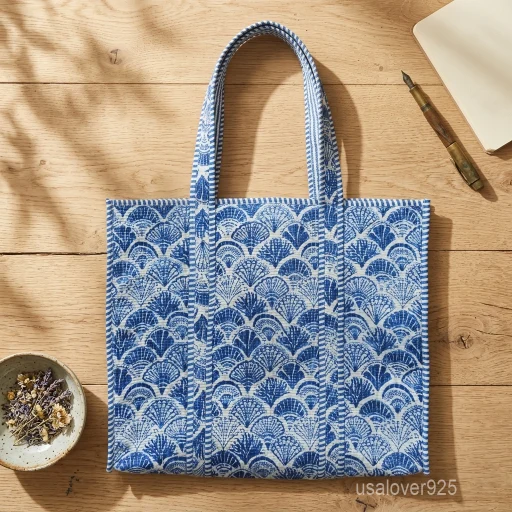 Blue Floral Quilted Cotton Tote Bag with large shoulder handles showing the traditional artisan botanical print design.