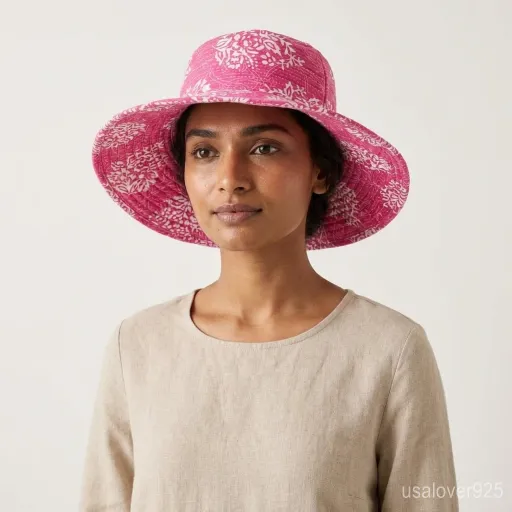 Reversible Pink Block Print Bucket Hat handmade in Jaipur for boho summer fashion.