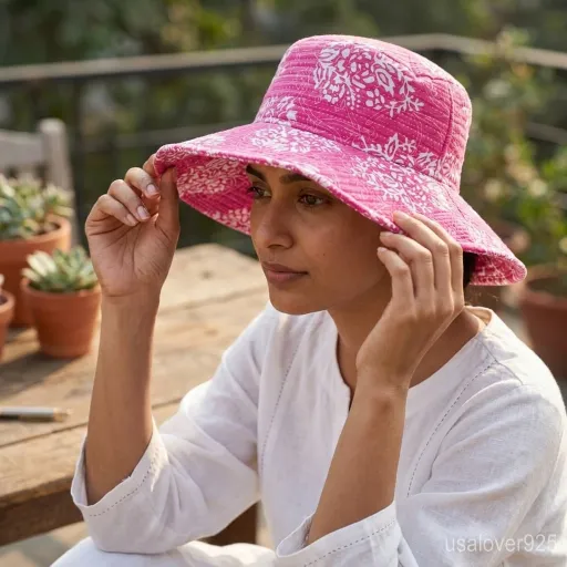 Reversible Pink Block Print Bucket Hat handmade in Jaipur for boho summer fashion.