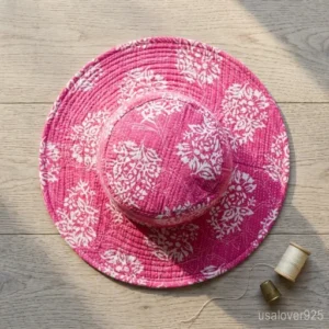 up of authentic pink hand block floral print on a quilted cotton sun cap.