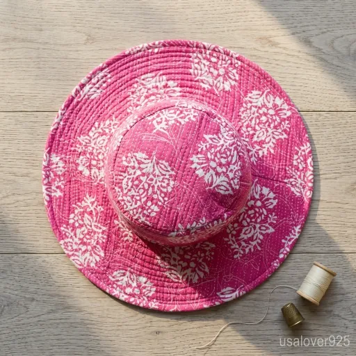 up of authentic pink hand block floral print on a quilted cotton sun cap.