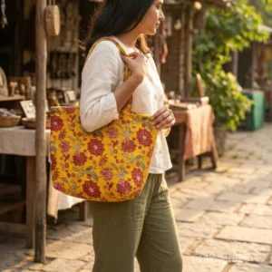 Yellow Floral Quilted Cotton Tote Bag with large shoulder handles showing the vibrant traditional Jaipuri block print design.