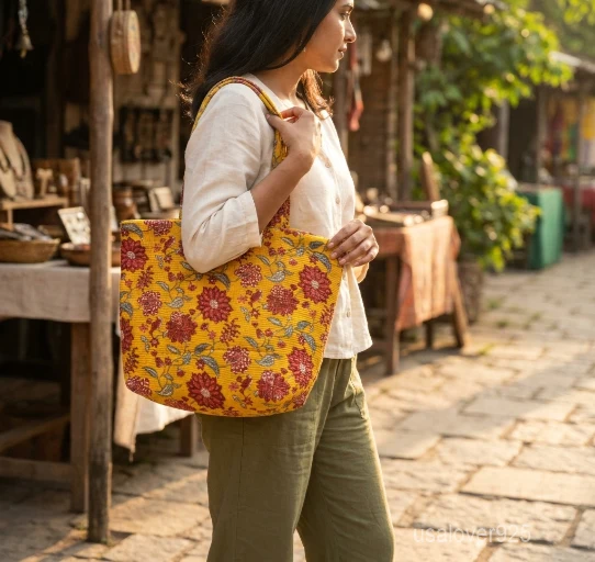 Yellow Floral Quilted Cotton Tote Bag with large shoulder handles showing the vibrant traditional Jaipuri block print design.