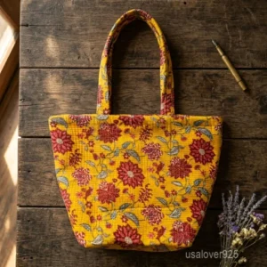 Yellow Floral Quilted Cotton Tote Bag with large shoulder handles showing the vibrant traditional Jaipuri block print design.