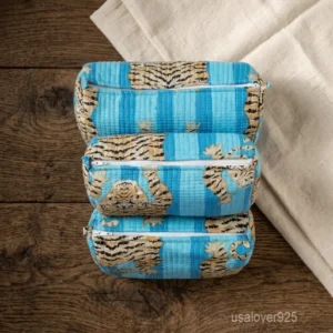 Set of 3 Cotton Floral Print Toiletry Bags nesting set showing the traditional artisan botanical design and secure zipper closures.
