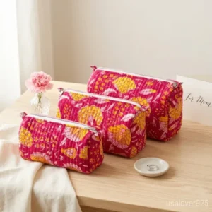Pink-Floral-Quilted-Cotton-Pouches-Set-Of-3-Travel-Organizer