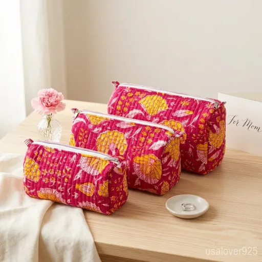 Pink-Floral-Quilted-Cotton-Pouches-Set-Of-3-Travel-Organizer
