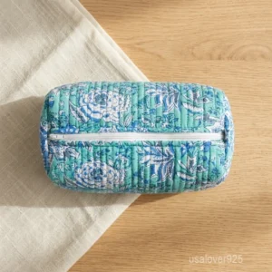 Set of 3 Quilted Makeup Bags Cotton Toiletry Set showing the traditional block print artisan design and secure zipper lines with accent beads and tassels.