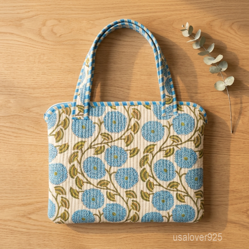 Sky Blue Floral Laptop Sleeve showing the traditional hand block print artisan design with the smooth zipper closure and double carry handles.