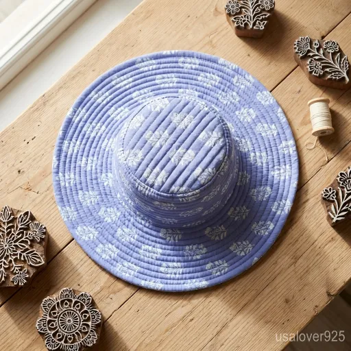 Close-up of authentic sky blue hand block print on a quilted cotton bucket hat.
