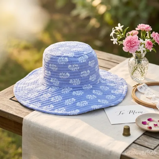 Sky Blue Quilted Cotton Bucket Hat handmade in Jaipur for boho summer fashion.