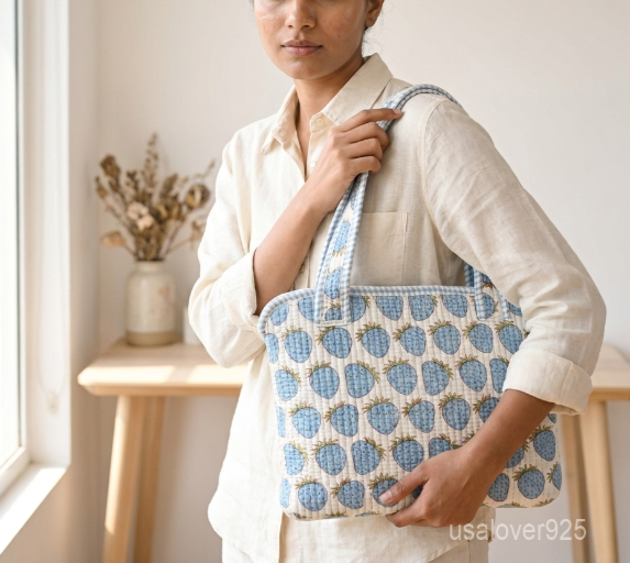 Close-up of the handcrafted sky blue strawberry block print detailing, dense quilted stitching texture lines, robust handle strap attachments, and clean zip track on an Indian cotton MacBook case.