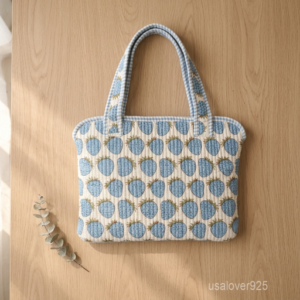 Sky Blue Strawberry Laptop Sleeve showing the traditional hand block print artisan design with the smooth zipper closure and double carry handles.