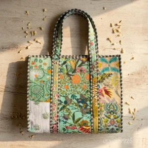 A person carrying a large Tiger Print Quilted Cotton Tote Bag comfortably over their shoulder during a casual weekend travel trip.