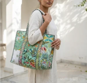 Tiger Print Quilted Cotton Tote Bag with large shoulder handles showing the traditional wild cat hand block print design.