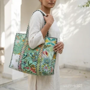 Tiger Print Quilted Cotton Tote Bag with large shoulder handles showing the traditional wild cat hand block print design.