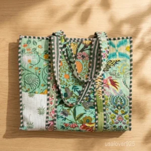 Tiger Print Quilted Cotton Tote Bag with large shoulder handles showing the traditional wild cat hand block print design.