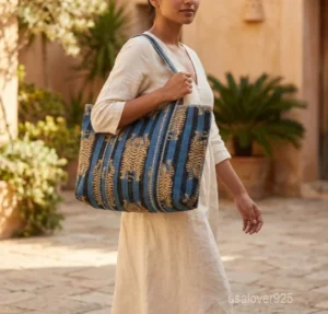 Tiger Print Quilted Cotton Tote Bag with large shoulder handles showing the bold wild cat motif print design.