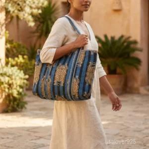 Tiger Print Quilted Cotton Tote Bag with large shoulder handles showing the bold wild cat motif print design.