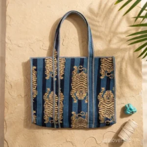 Tiger Print Quilted Cotton Tote Bag with large shoulder handles showing the bold wild cat motif print design.