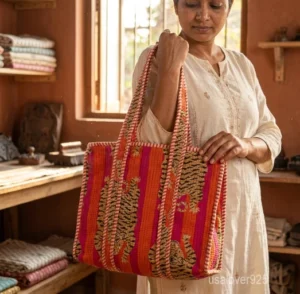 Close-up of the artistic tiger print detailing, multi-color stripes, dense parallel line quilted stitching, and roomy side gusset on an Indian cotton shopper bag.