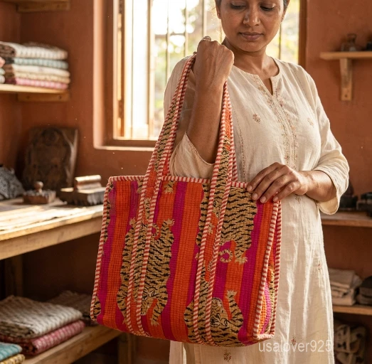 Close-up of the artistic tiger print detailing, multi-color stripes, dense parallel line quilted stitching, and roomy side gusset on an Indian cotton shopper bag.