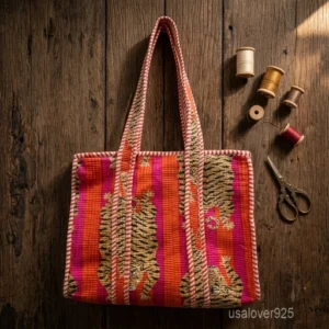 Tiger Print Quilted Cotton Tote Bag with wide shoulder straps showing the bold wild cat motif on pink and orange striped fabric.