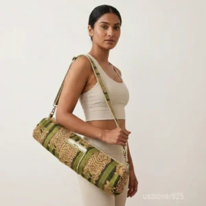 Tiger Print Quilted Cotton Yoga Mat Bag with an adjustable crossbody sling strap showing the bold orange and black animal motif.