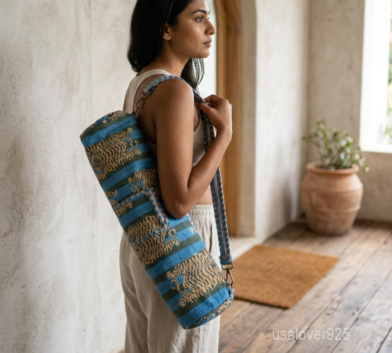 Tiger Print Quilted Cotton Yoga Mat Bag with an adjustable shoulder strap showing the bold animal print pattern.